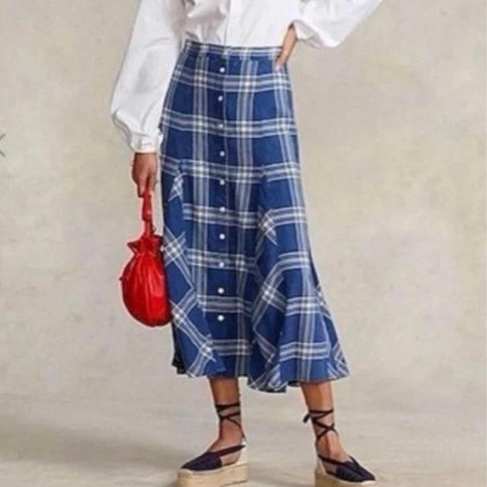 Polo Ralph Lauren 12 Blue Plaid Godet Panels Midi Skirt Pockets Button Front NWT